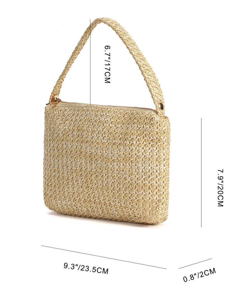 Beige straw handbag with dimensions indicated on a white background