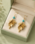 Turquoise Leaf Cascade Drop Earrings | Gold-Tone Statement Earrings