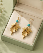 Turquoise Leaf Cascade Drop Earrings | Gold-Tone Statement Earrings