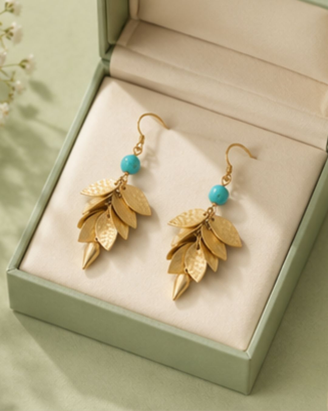 Turquoise Leaf Cascade Drop Earrings | Gold-Tone Statement Earrings