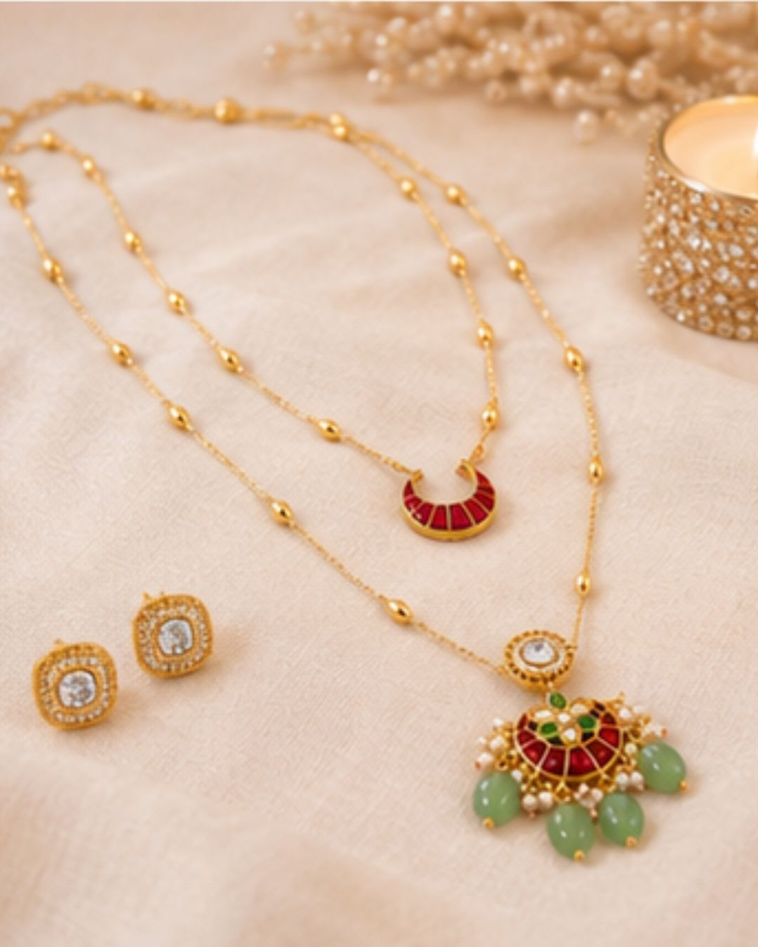 Noor Chand Kundan Necklace & Earrings Set | Women’s Multi-Color Double Layer 18K Gold Plated Festive Jewellery