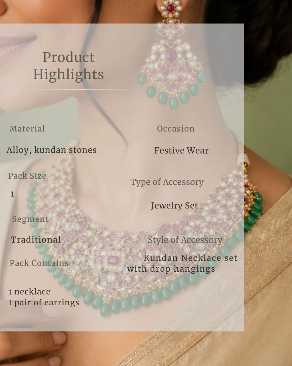 Zarmina Polki Emerald Bridal Necklace Set | 18K Gold Plated Green Beads, Red & White Stone Statement Jewellery