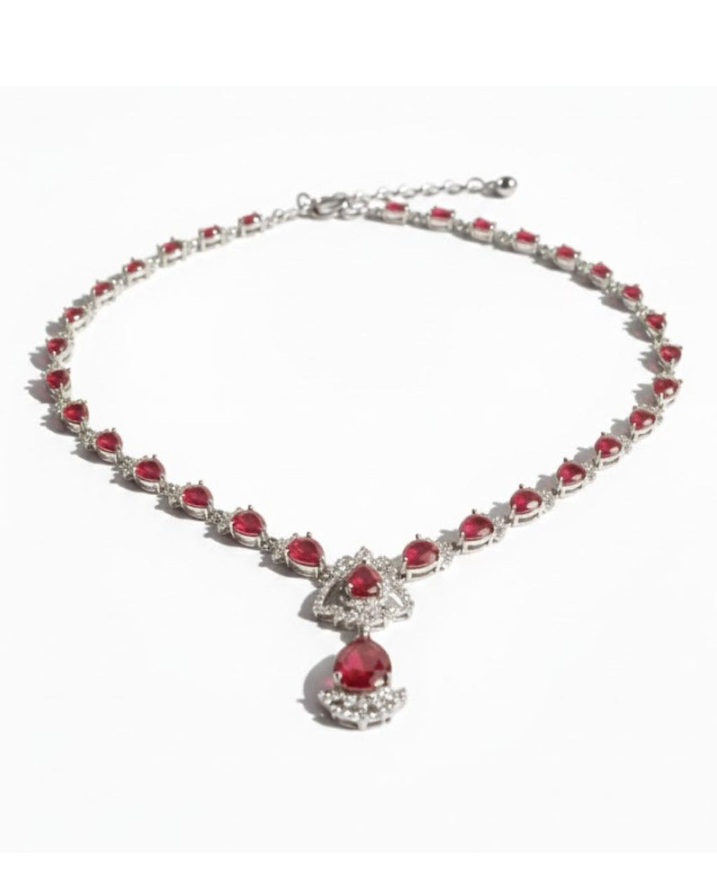 Ruby Teardrop CZ Necklace Set | Rhodium-Plated Red & White Cubic Zirconia Festive Statement Jewellery