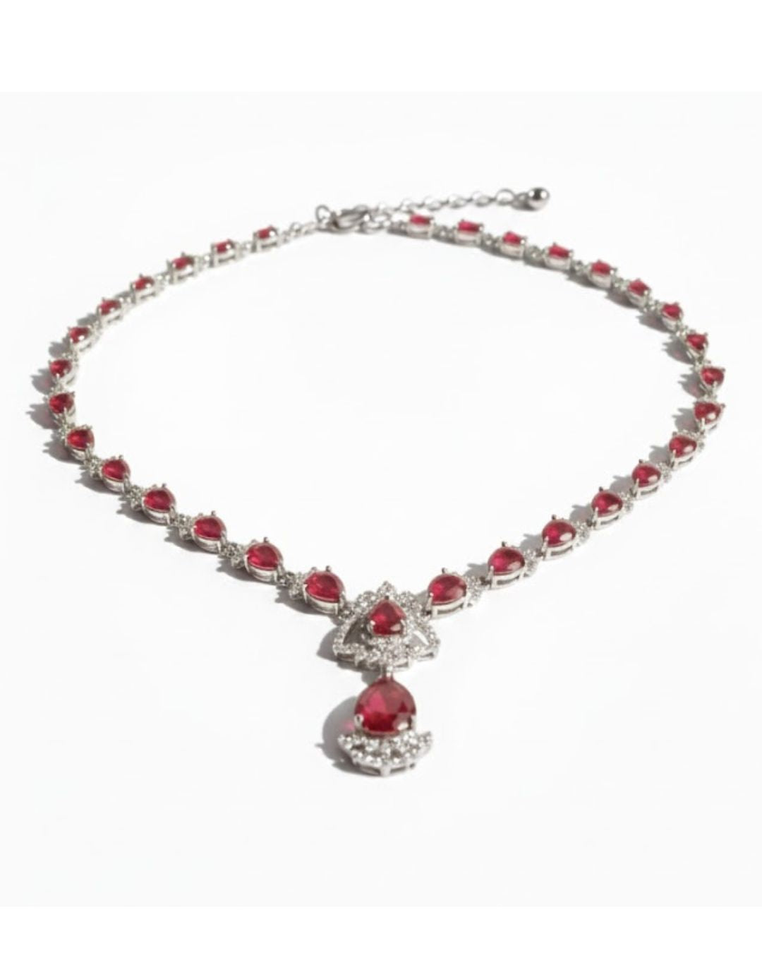 Ruby Teardrop CZ Necklace Set | Rhodium-Plated Red & White Cubic Zirconia Festive Statement Jewellery