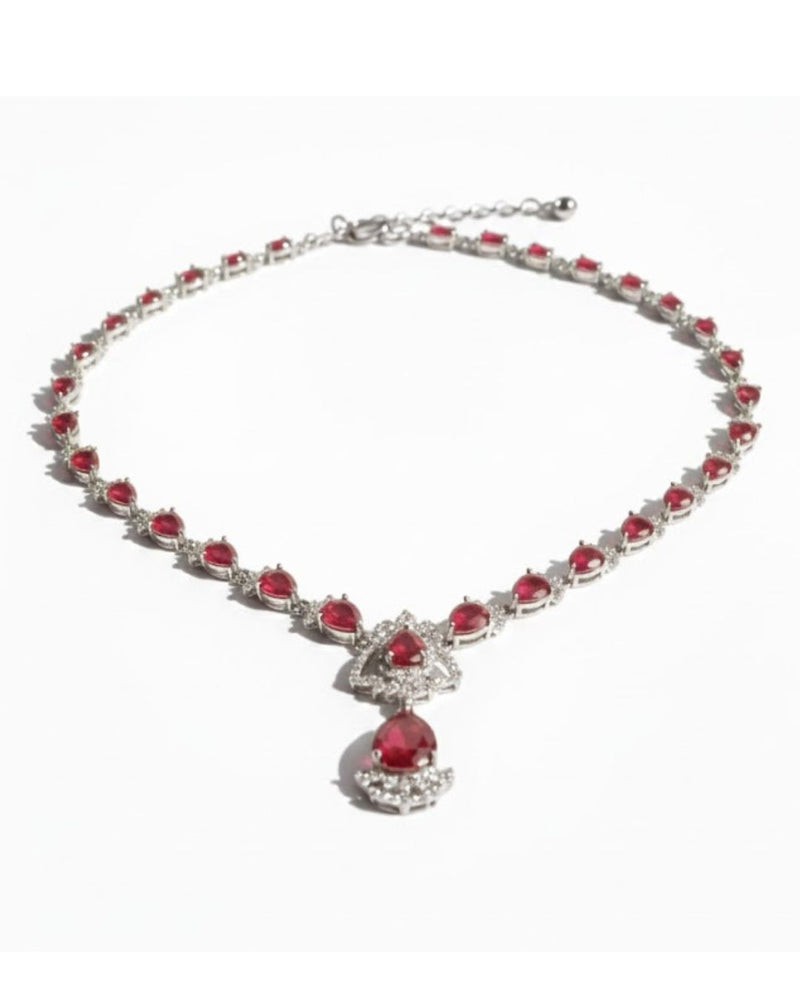 Ruby Teardrop CZ Necklace Set | Rhodium-Plated Red & White Cubic Zirconia Festive Statement Jewellery