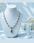 Emerald Halo Link Necklace Set | 18K Gold Plated Green & White Stone Studded Indian Cocktail Jewellery