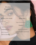 Green beaded statement earrings worn by a model with product details overlay.