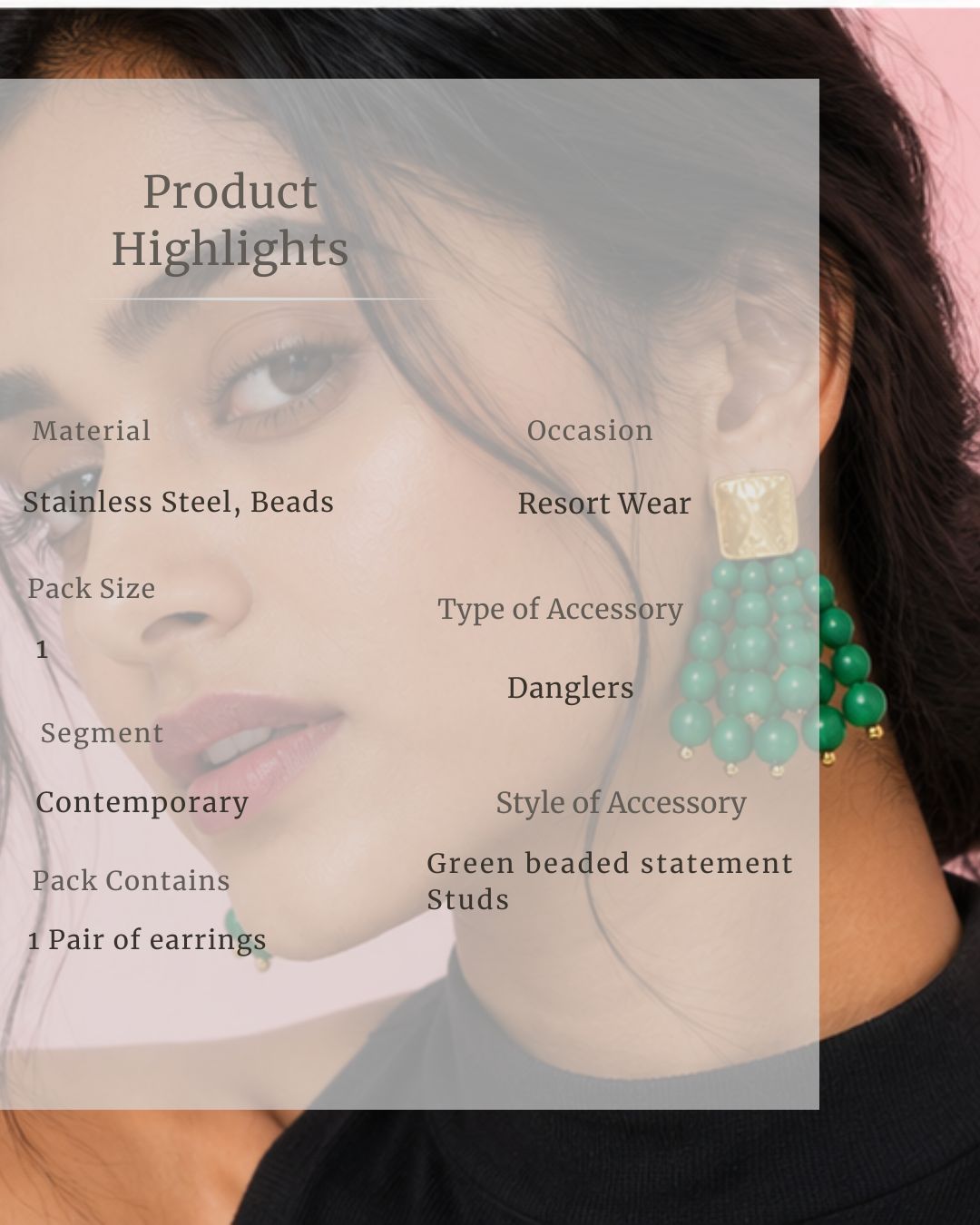Green beaded statement earrings worn by a model with product details overlay.