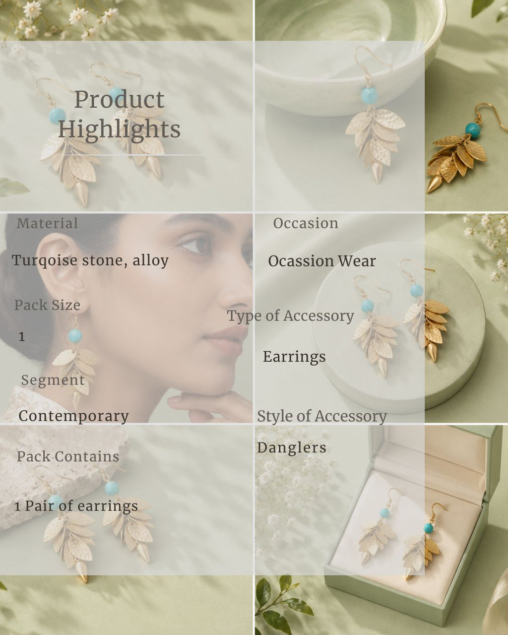 Turquoise Leaf Cascade Drop Earrings | Gold-Tone Statement Earrings