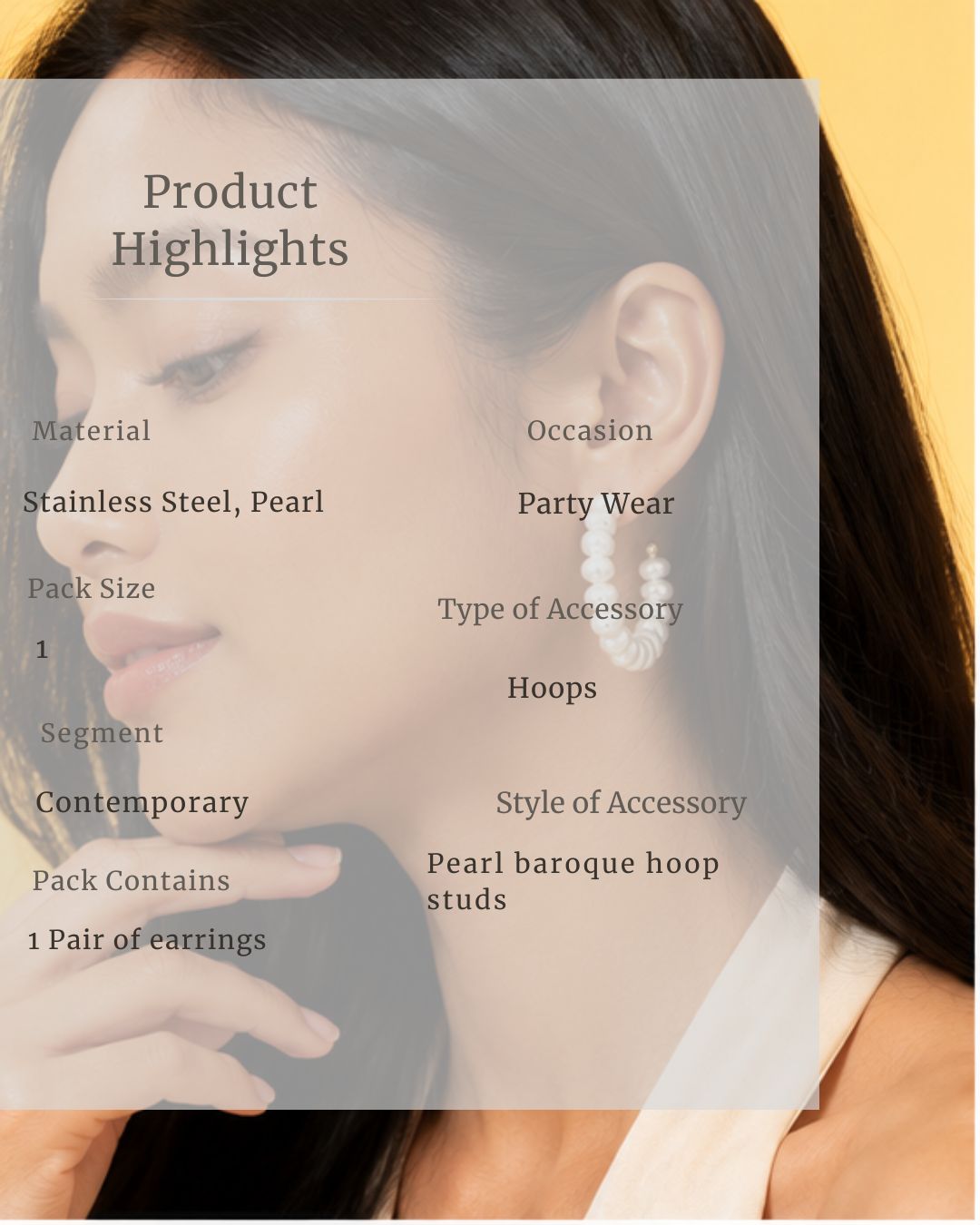 Woman wearing pearl baroque hoop earrings with product details overlay.