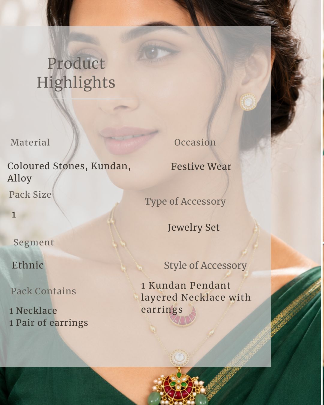 Noor Chand Kundan Necklace & Earrings Set | Women’s Multi-Color Double Layer 18K Gold Plated Festive Jewellery