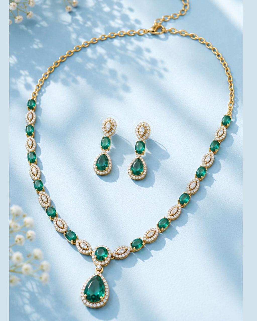 Emerald Halo Link Necklace Set | 18K Gold Plated Green & White Stone Studded Indian Cocktail Jewellery