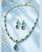 Emerald Halo Link Necklace Set | 18K Gold Plated Green & White Stone Studded Indian Cocktail Jewellery