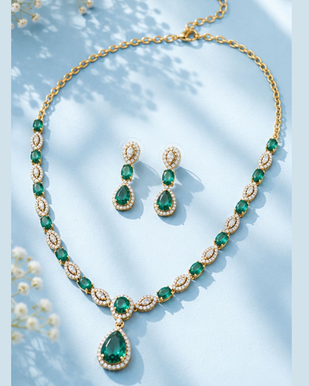 Emerald Halo Link Necklace Set | 18K Gold Plated Green & White Stone Studded Indian Cocktail Jewellery