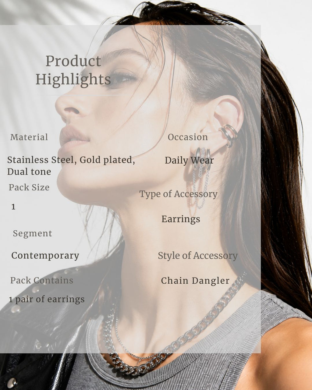 Earring on a person's ear with product details overlayed