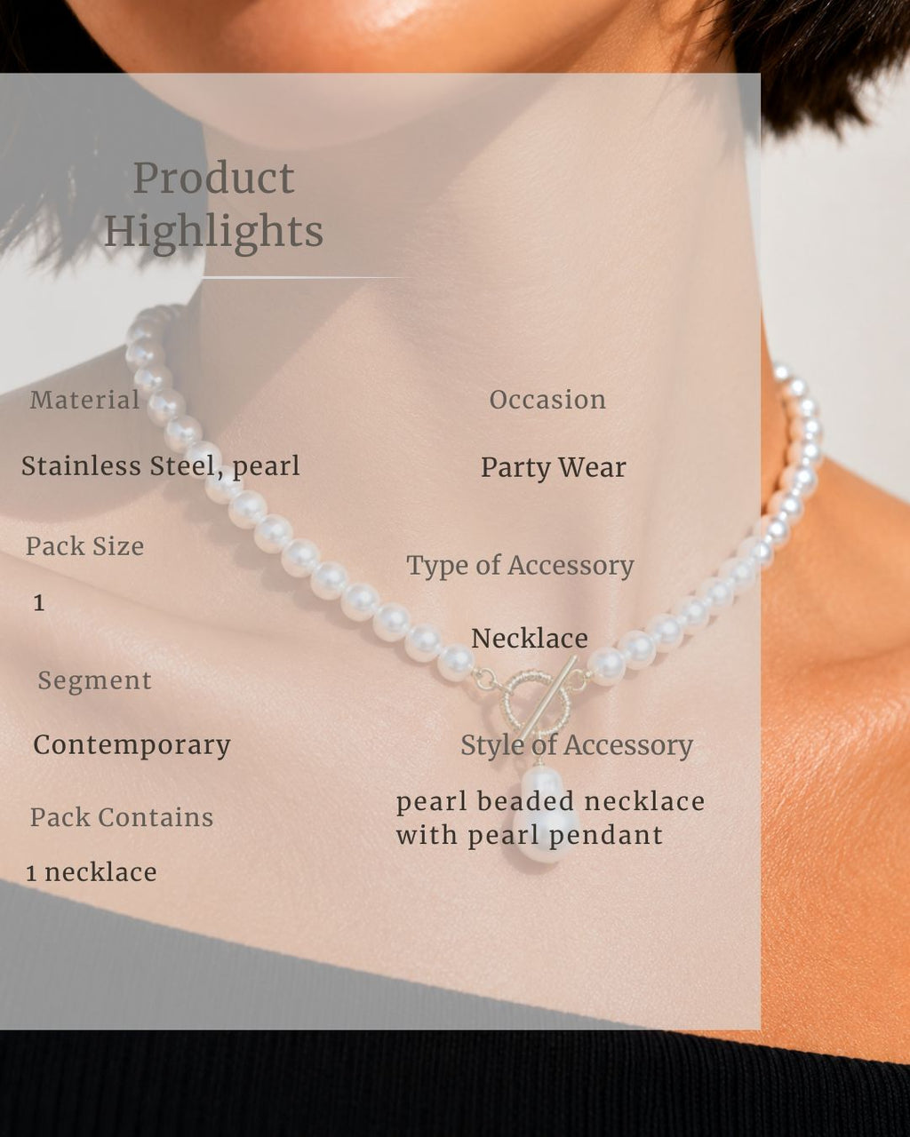 Pearl beaded necklace with pearl pendant on a person, product details overlayed.