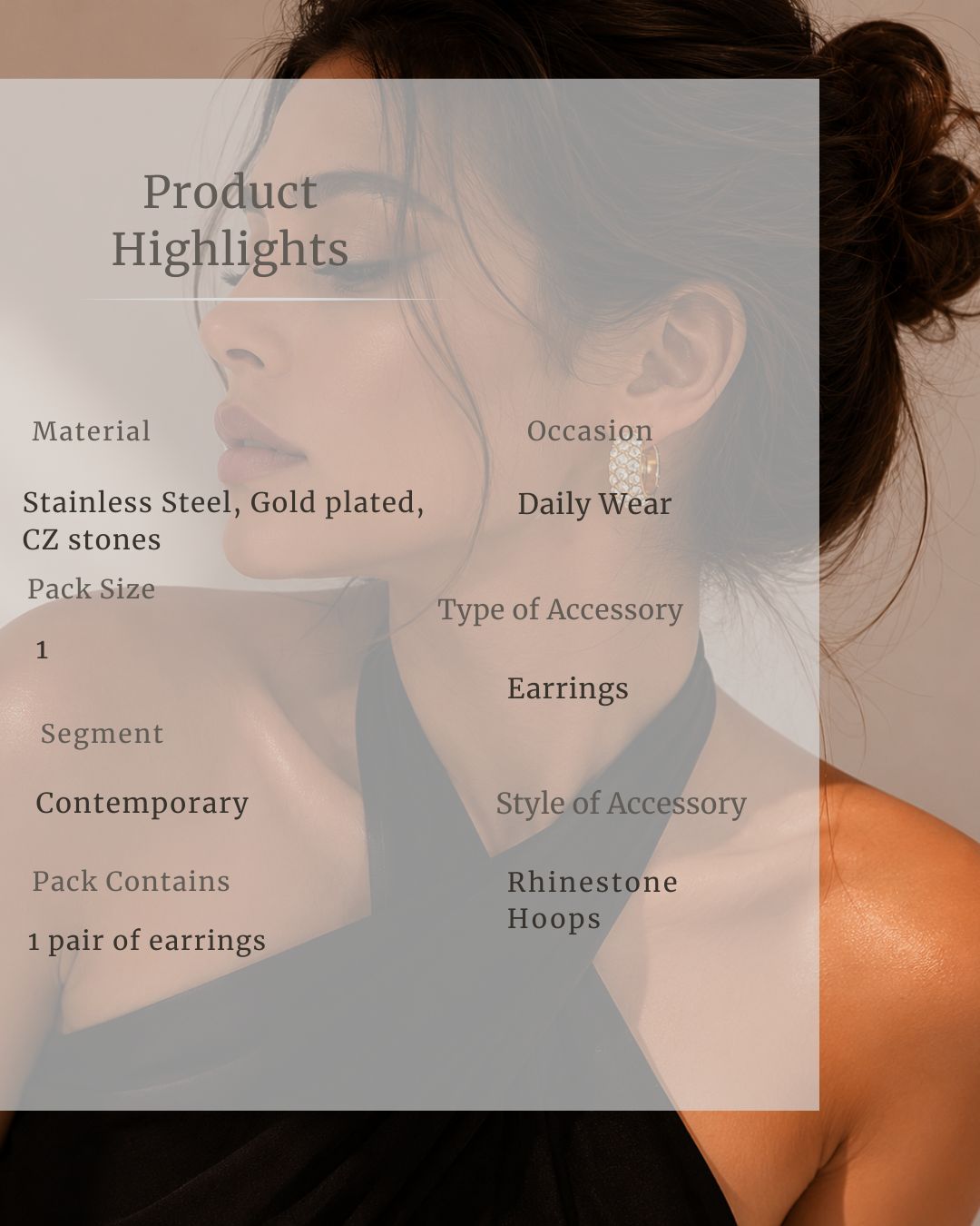 Earring on a model with product details overlay