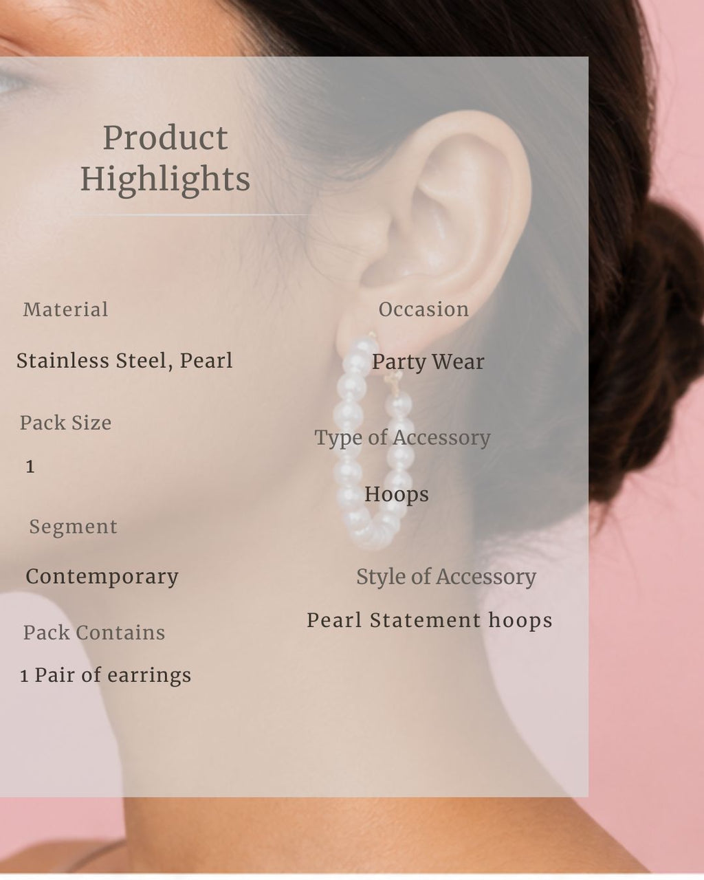 Pearl statement hoop earring on a person's ear with product details overlay.