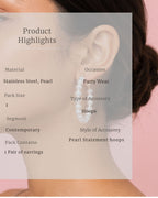 Pearl statement hoop earring on a person's ear with product details overlay.