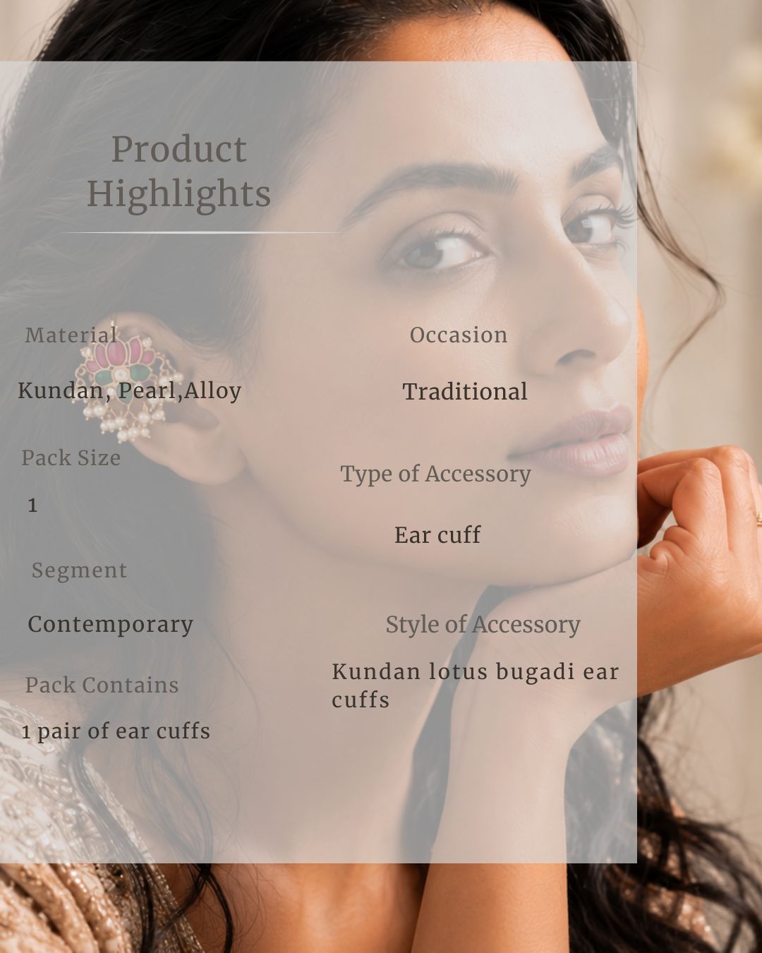 Woman wearing a Kundan lotus bugadi ear cuff with product details overlay.