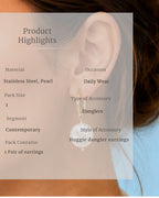 Huggie dangler earrings worn, with product details overlayed on the image.