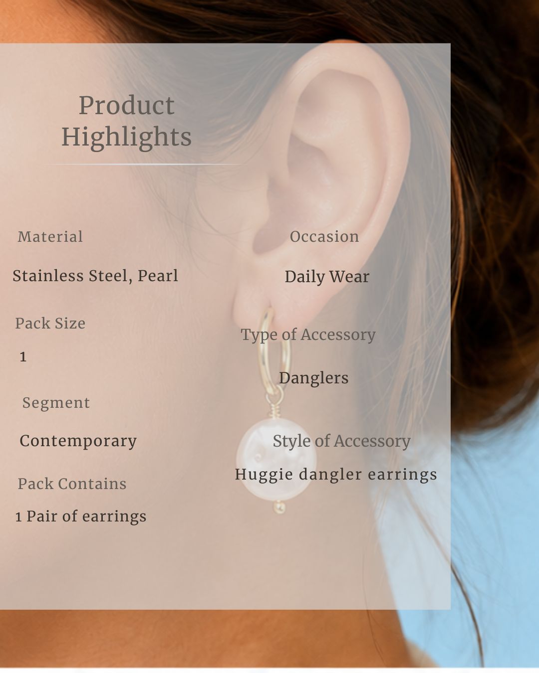 Huggie dangler earrings worn, with product details overlayed on the image.
