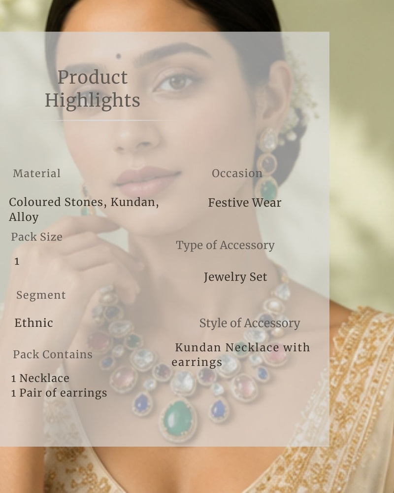 Sabhyaraa Royal Navratna Kundan Bridal Set (Necklace & Earrings) | Heavy 18K Gold Plated Jewellery