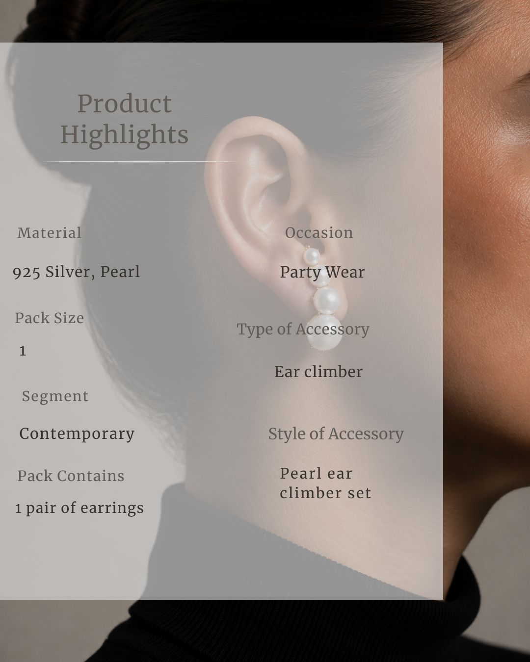 Pearl ear climber set worn by a person, with product details overlayed.