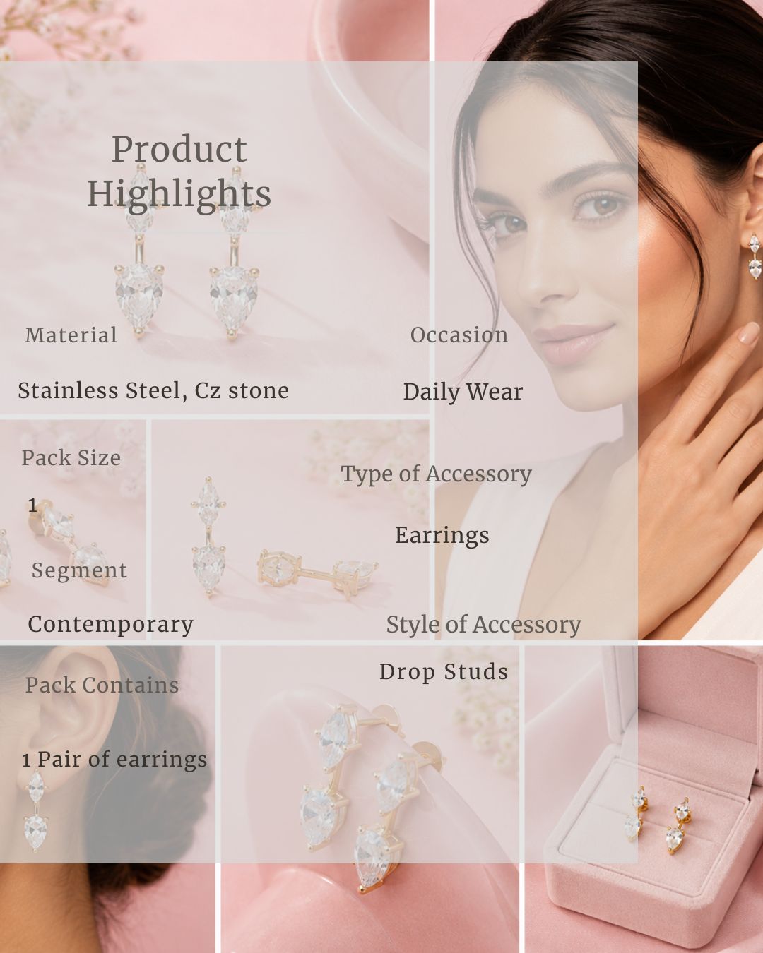 2-in-1 Stud & Drop Earrings | 18K Gold Plated Anti-Tarnish CZ Daily Wear Convertible Earrings