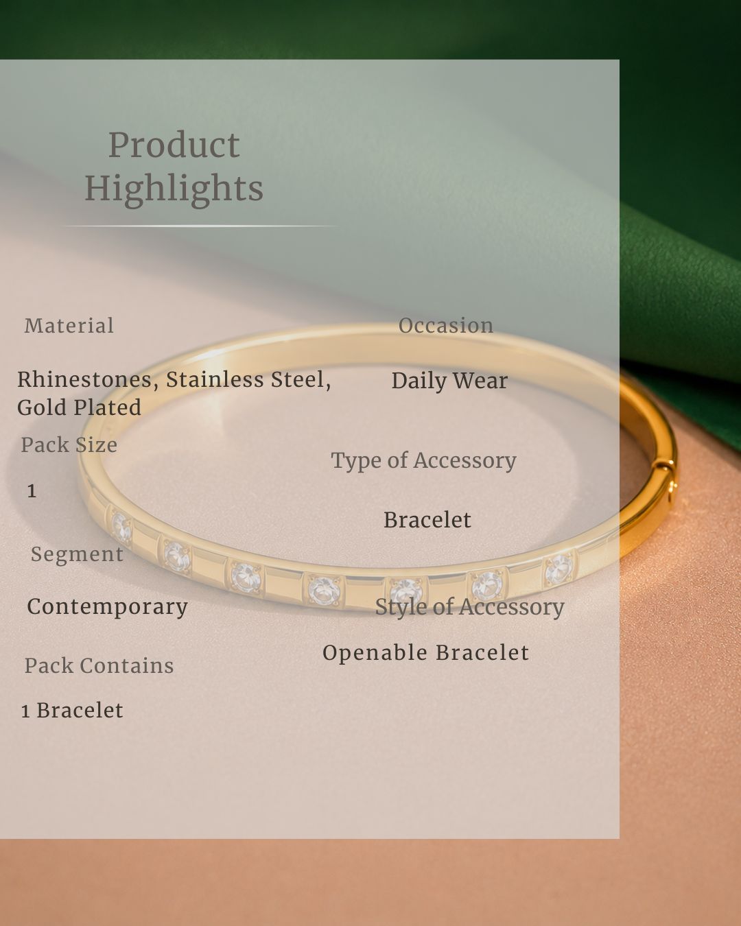 Gold-plated bracelet on a neutral background with product details overlay.