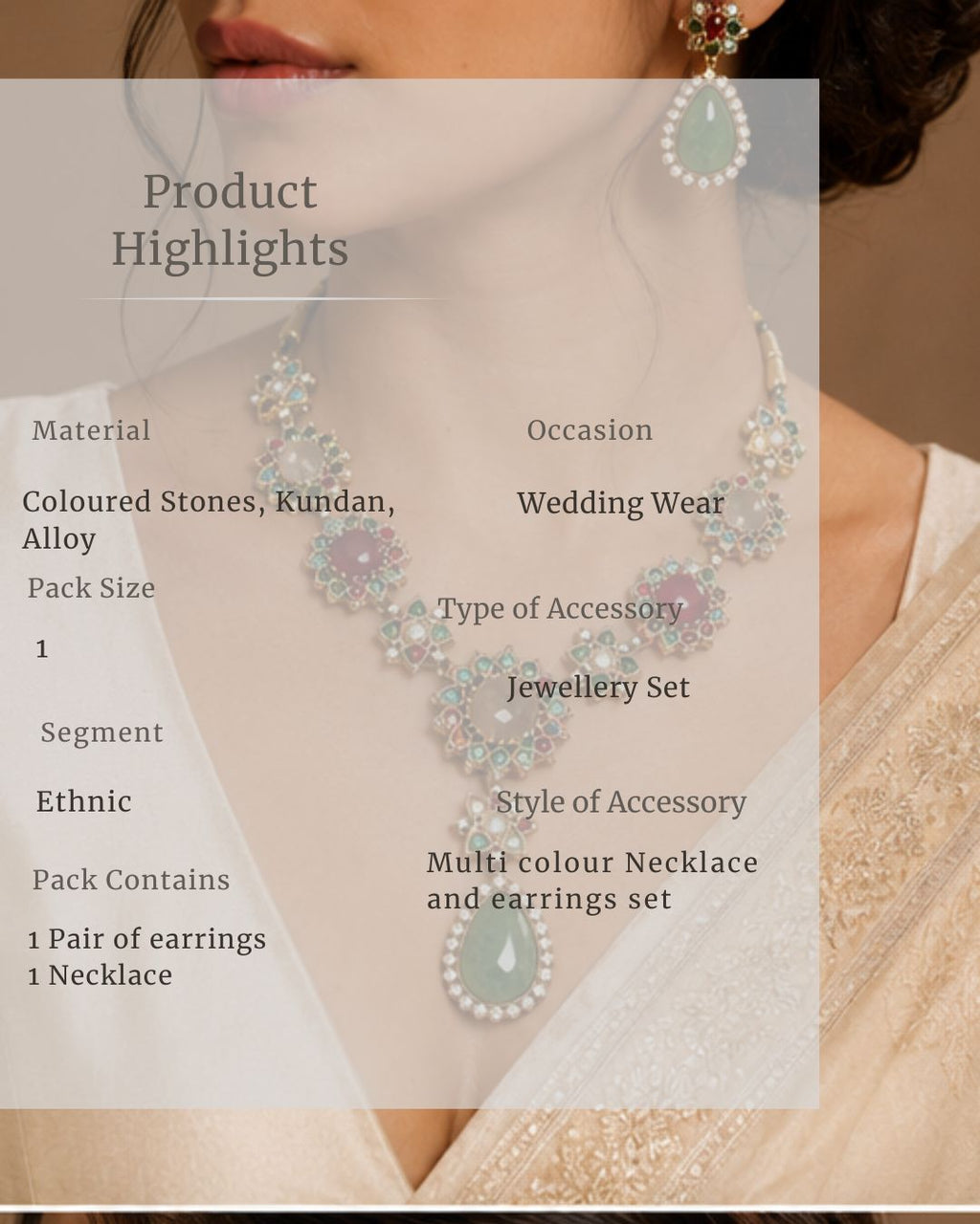 Jewellery set with necklace and earrings on a person, product highlights displayed.