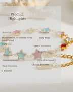 Star-shaped charm bracelet with rhinestones on a white background, labeled with product details.