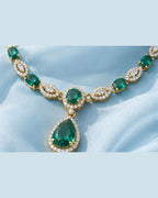 Emerald Halo Link Necklace Set | 18K Gold Plated Green & White Stone Studded Indian Cocktail Jewellery