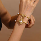 Premium Pearl Cuff Bracelet | Flower & Bow Stainless Steel 18K Gold Plated Bracelet for Women