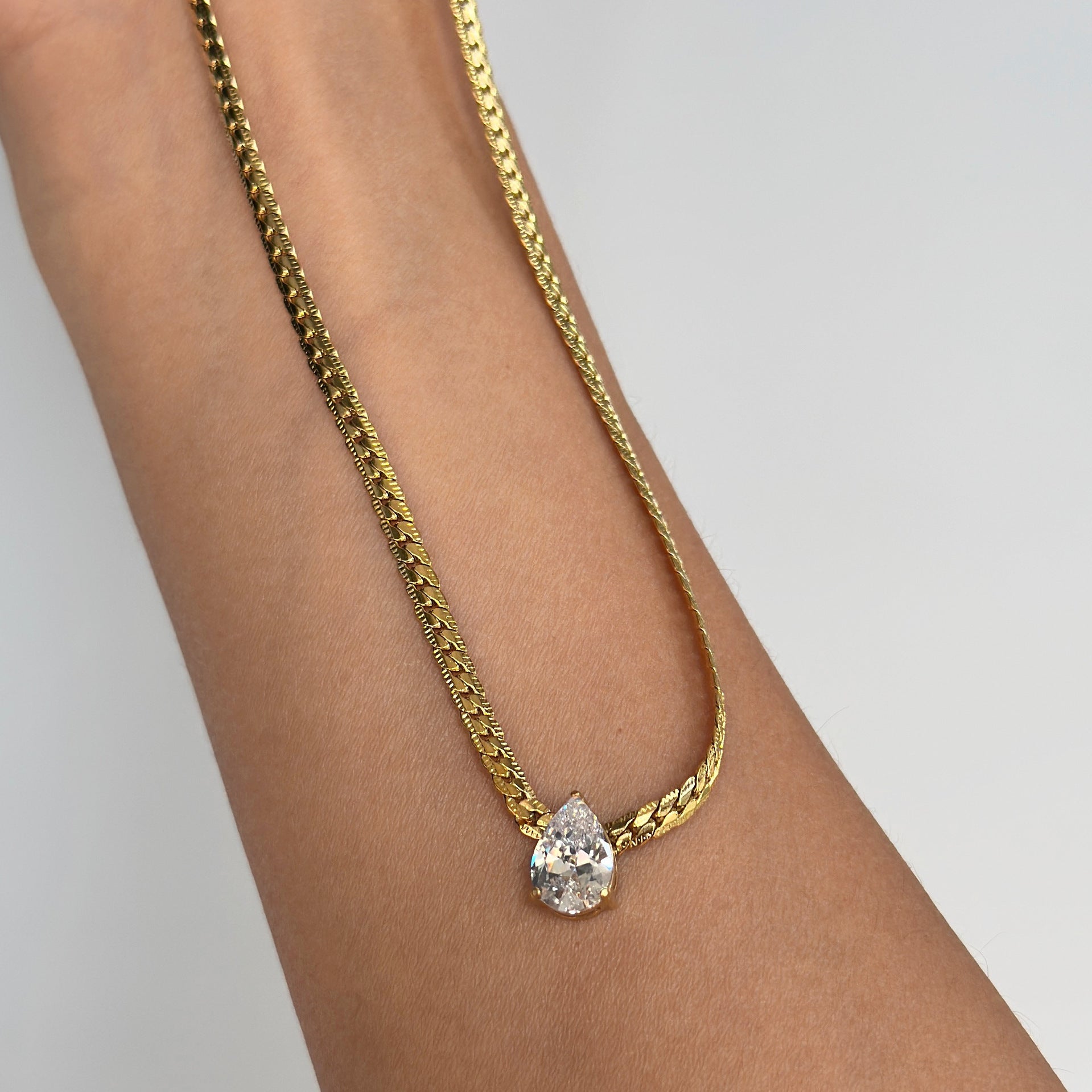 Solitaire Grace Necklace | Pear Solitaire Pendant Snake Chain | Anti-Tarnish Gold Plated