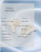 Pearl ear cuffs with product details on a light blue background