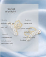 Pearl ear cuffs with product details on a light blue background