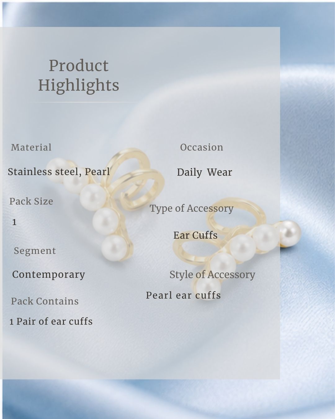 Pearl ear cuffs with product details on a light blue background