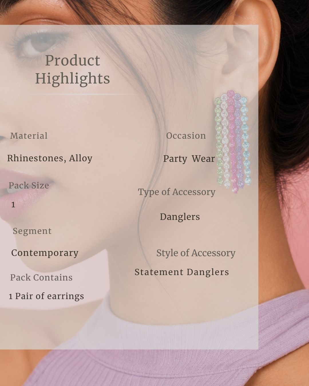 Earring displayed on a person's ear with product details overlayed.
