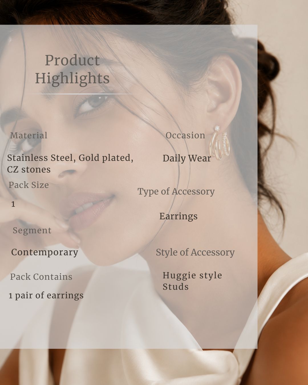 Earring on a model with product details overlay