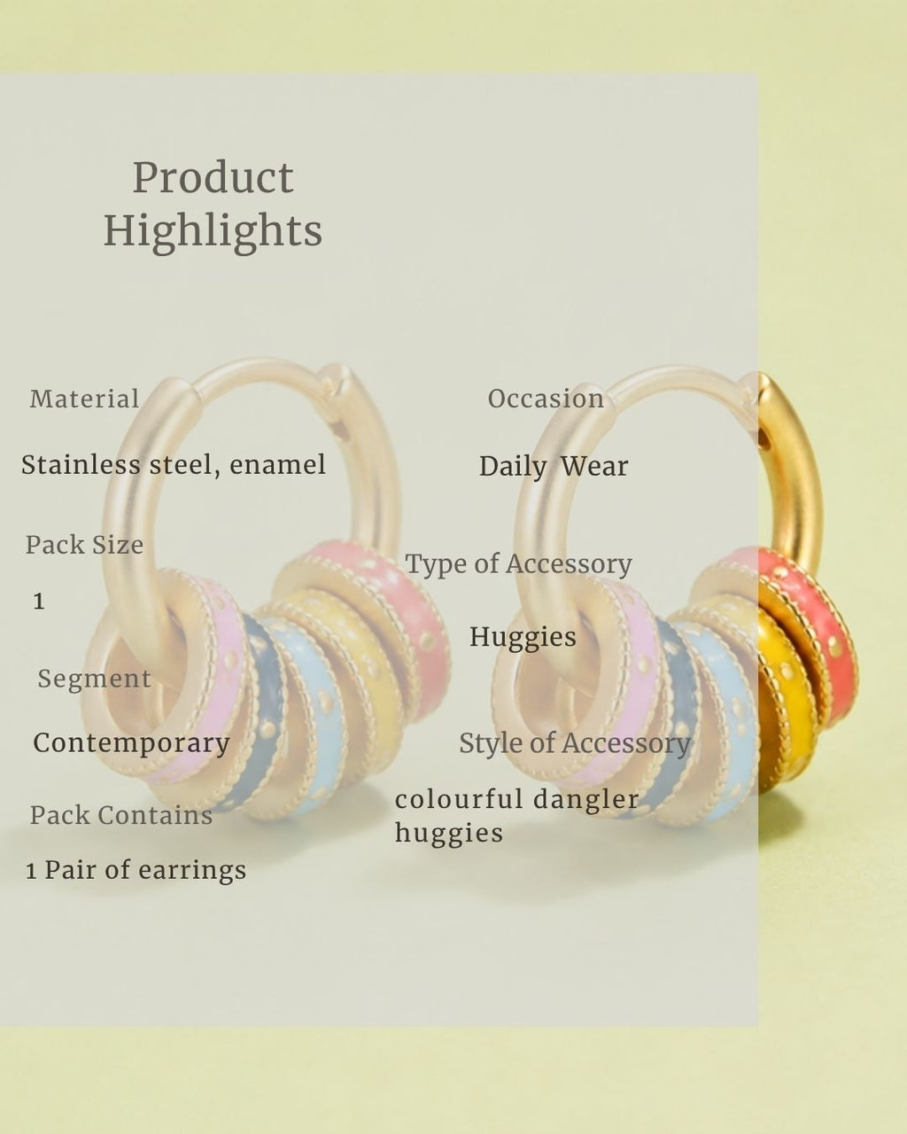 Colorful dangle earrings with product details on a light background