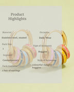 Colorful dangle earrings with product details on a light background