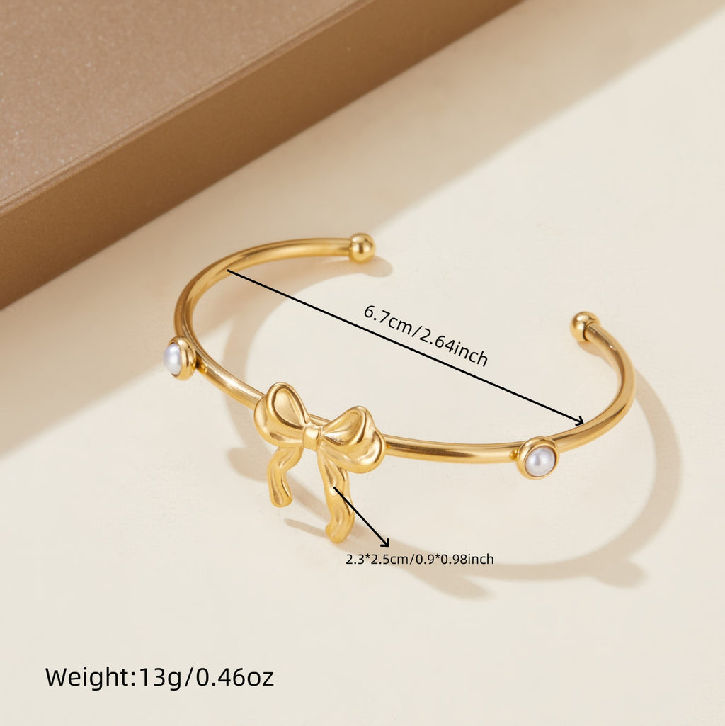 Premium Pearl Cuff Bracelet | Flower & Bow Stainless Steel 18K Gold Plated Bracelet for Women