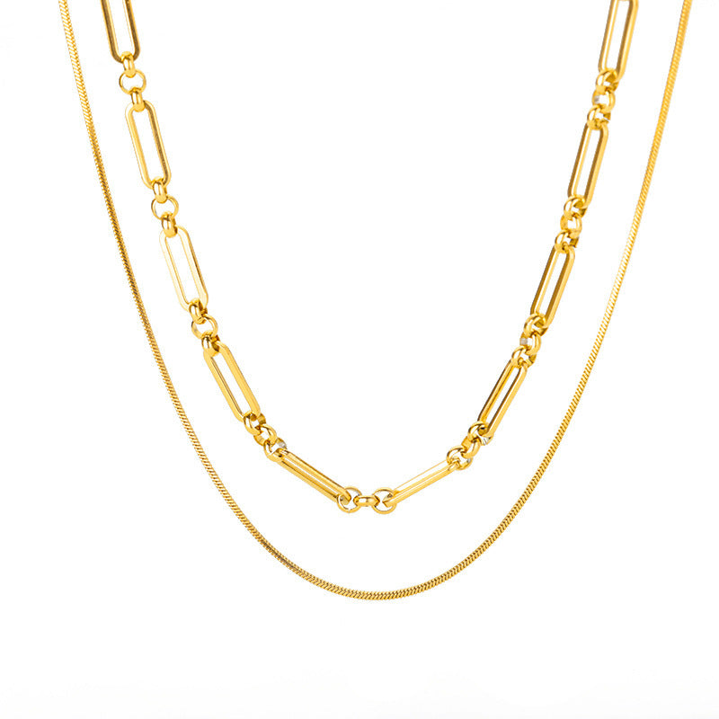Dual Layer Chain Necklace | 18K Gold Plated Layered Snake & Link Chain Necklace