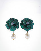 Green Stone Flower Pearl Drop Earrings | Floral Dangler Earrings for Women | 18K Gold Plated Jewellery