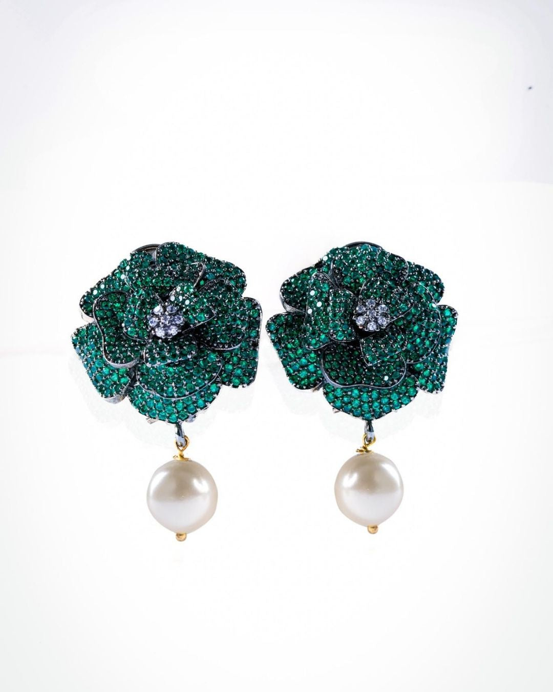 Green Stone Flower Pearl Drop Earrings | Floral Dangler Earrings for Women | 18K Gold Plated Jewellery