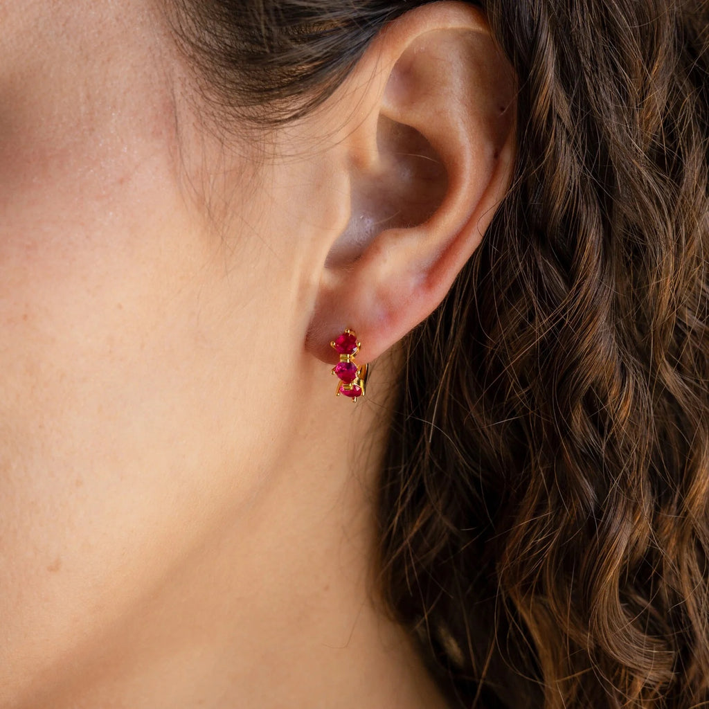 Birthstone Triple Stone Huggies: 18K Gold Plated