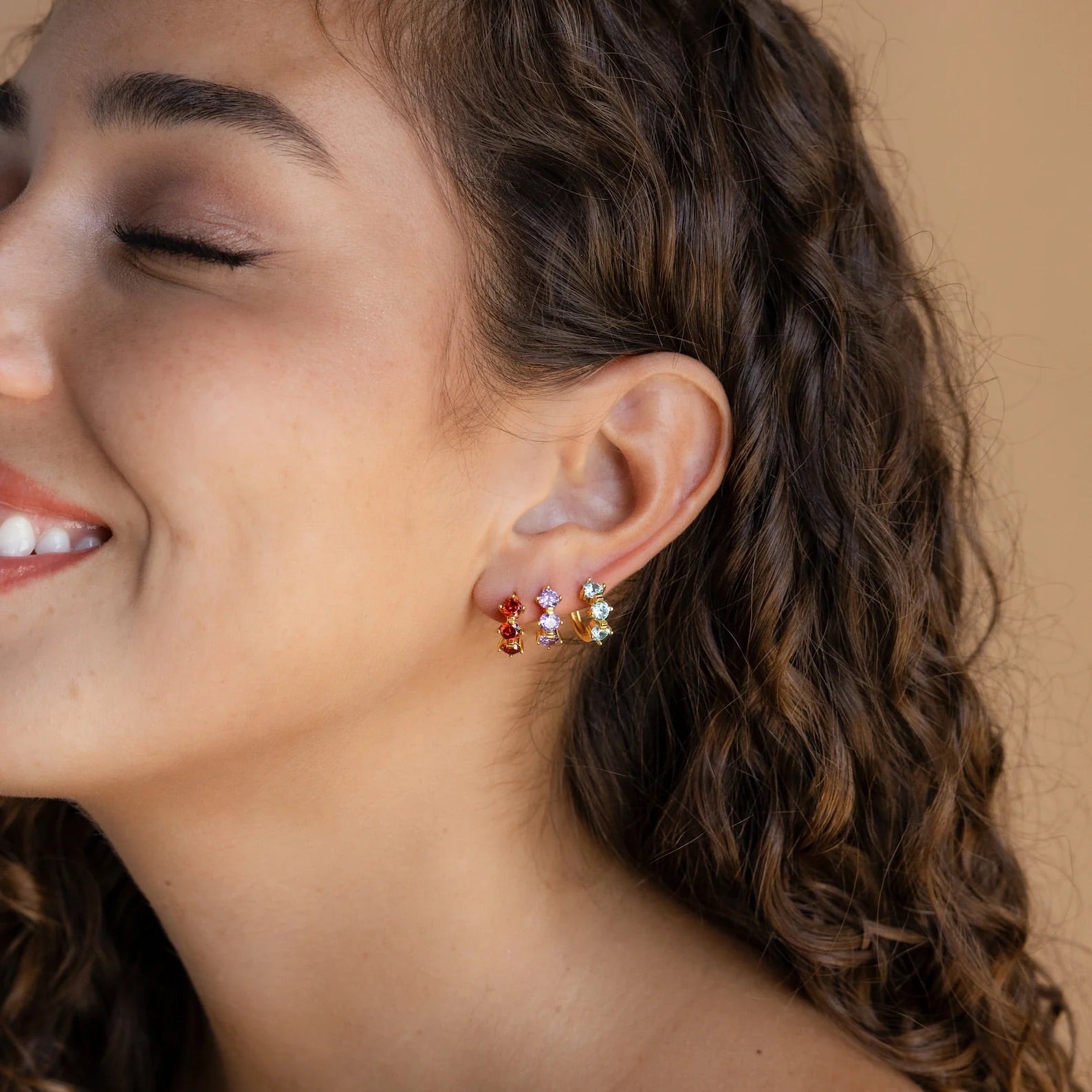 Birthstone Triple Stone Huggies: 18K Gold Plated