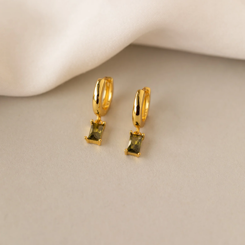 Birthstone Baguette Huggies: 18K Gold Plated