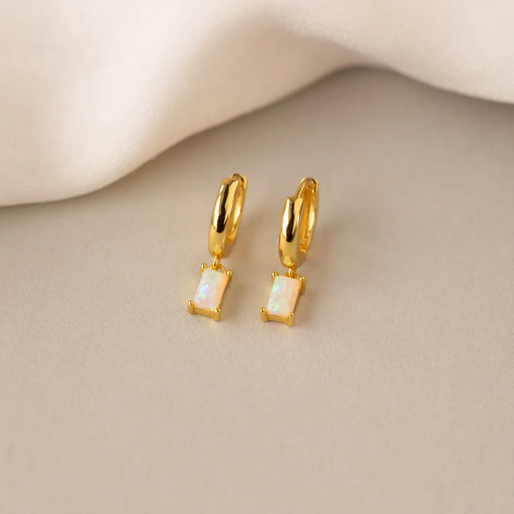 Birthstone Baguette Huggies: 18K Gold Plated